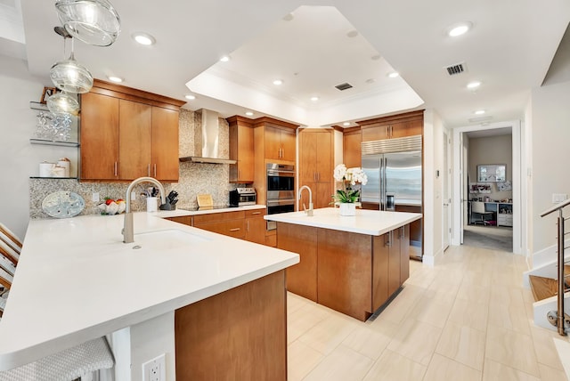 kitchen with a raised ceiling, wall chimney range hood, sink, appliances with stainless steel finishes, and kitchen peninsula