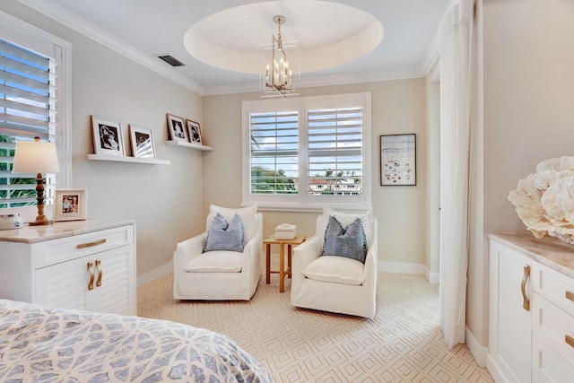 bedroom with a chandelier, a raised ceiling, and ornamental molding