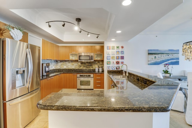 kitchen with decorative backsplash, sink, stainless steel appliances, and dark stone counters