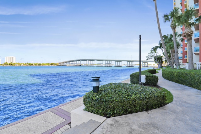 exterior space with a water view