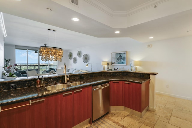 kitchen with crown molding, sink, dark stone countertops, dishwasher, and hanging light fixtures