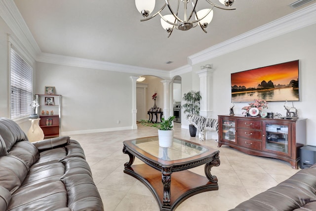 living room with decorative columns, crown molding, light tile patterned floors, and an inviting chandelier