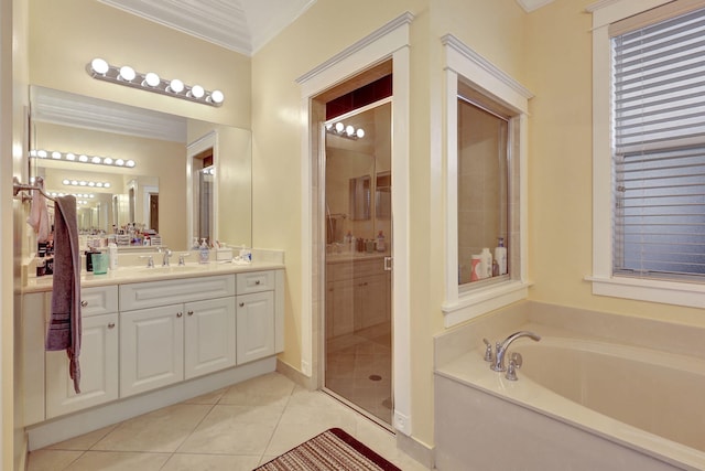 bathroom with vanity, tile patterned flooring, plus walk in shower, and ornamental molding