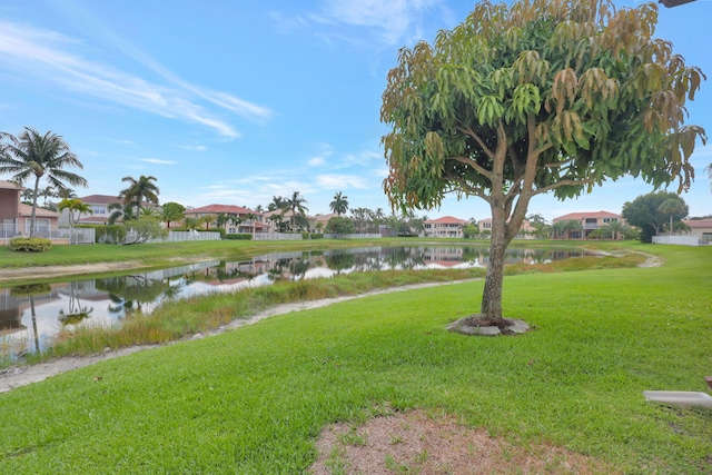 view of property's community featuring a lawn and a water view