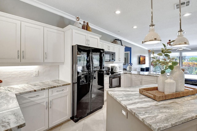 kitchen with white cabinets, black appliances, crown molding, backsplash, and pendant lighting