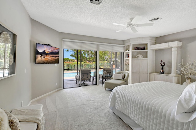 bedroom featuring ceiling fan, access to exterior, multiple windows, and light carpet