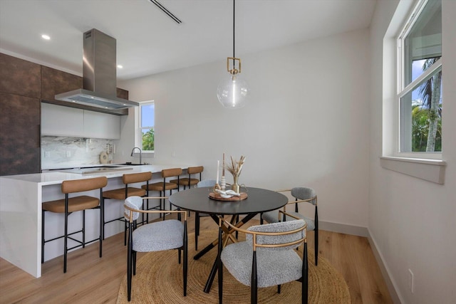 dining area featuring sink, a healthy amount of sunlight, and light hardwood / wood-style floors