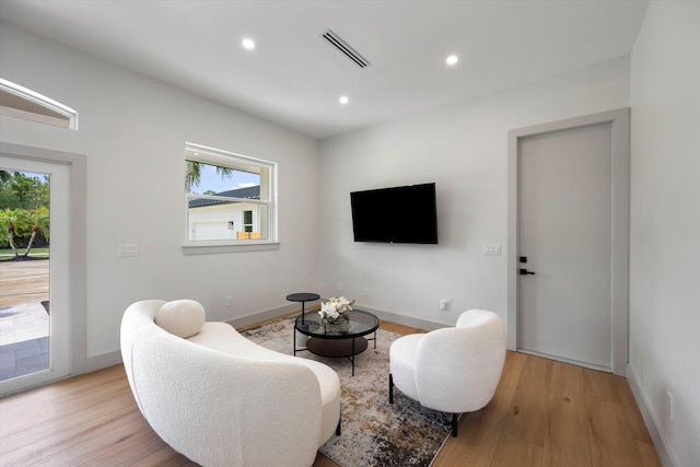 living room featuring light hardwood / wood-style floors and a wealth of natural light