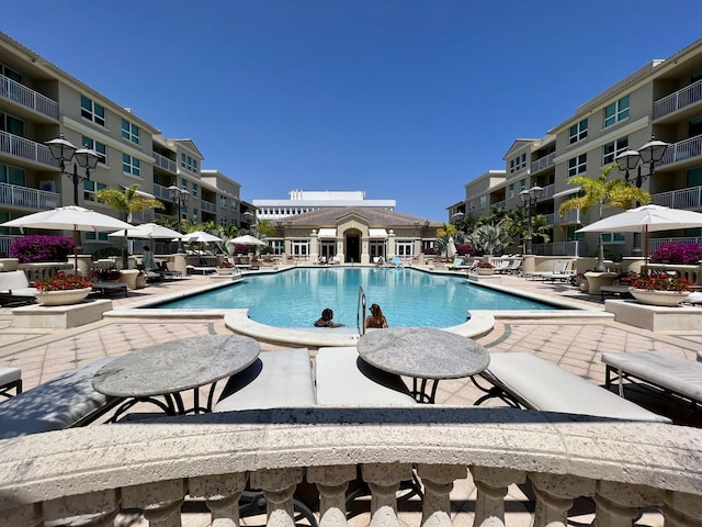 view of swimming pool with a patio