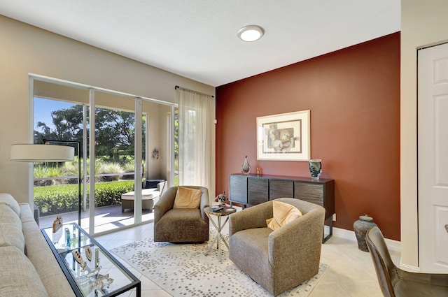 living room with light tile patterned flooring