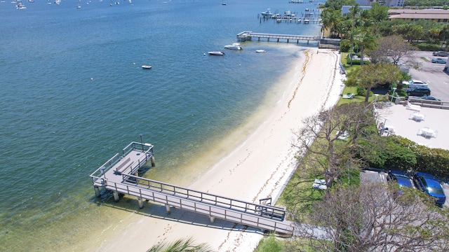 drone / aerial view with a water view and a view of the beach