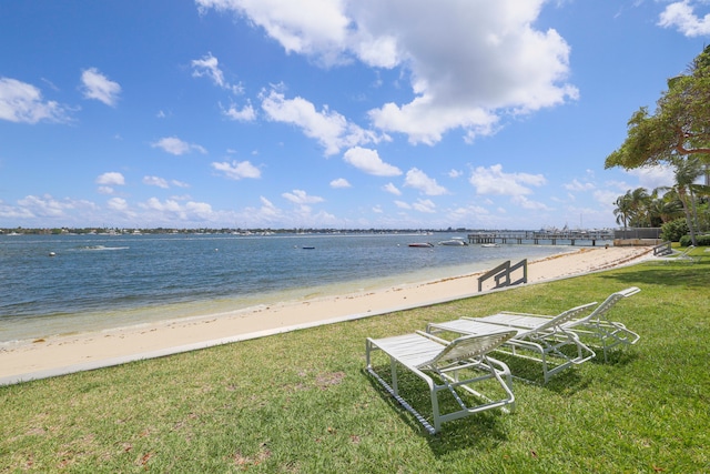 view of water feature with a beach view