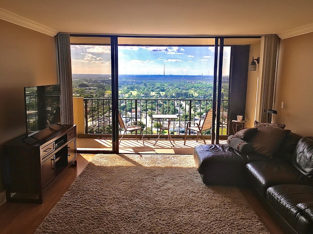 living room with a healthy amount of sunlight, dark hardwood / wood-style flooring, and ornamental molding