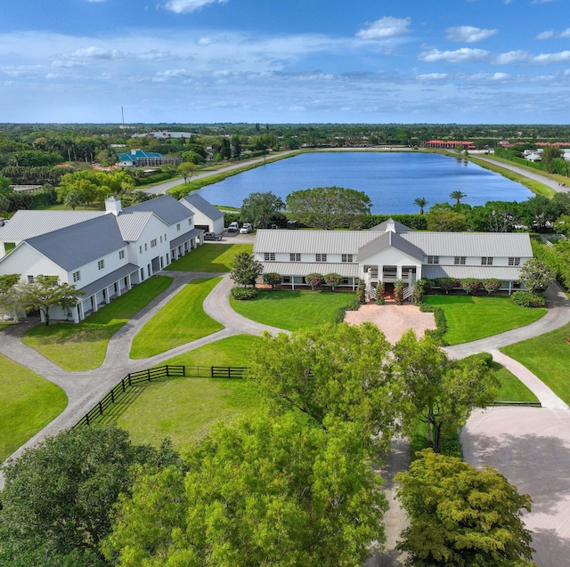 bird's eye view with a water view