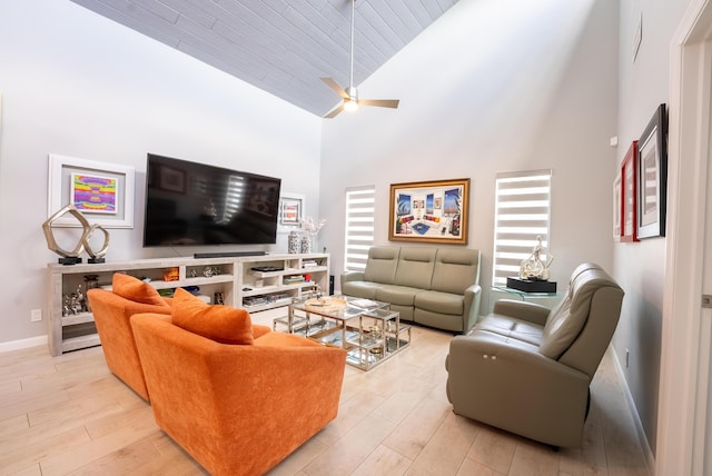 living room featuring ceiling fan, high vaulted ceiling, and light wood-type flooring