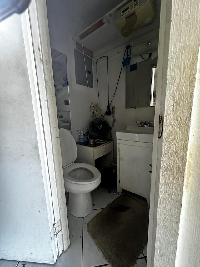 bathroom featuring electric panel, vanity, and toilet