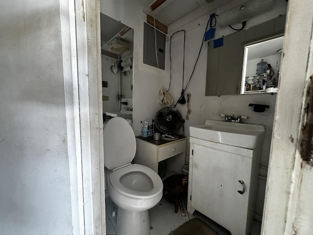 bathroom with vanity, electric panel, and toilet