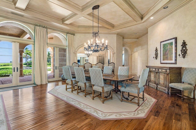 dining space with a notable chandelier, dark hardwood / wood-style flooring, coffered ceiling, and crown molding