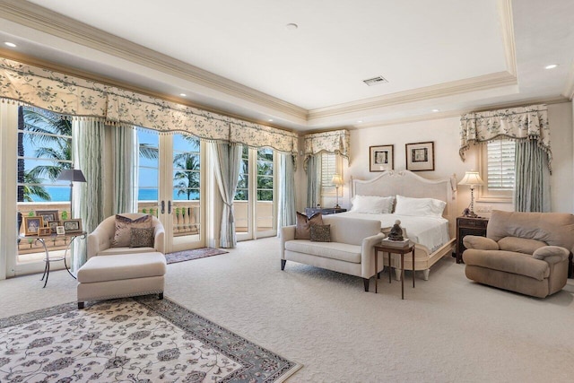 bedroom with access to exterior, carpet, recessed lighting, a raised ceiling, and visible vents