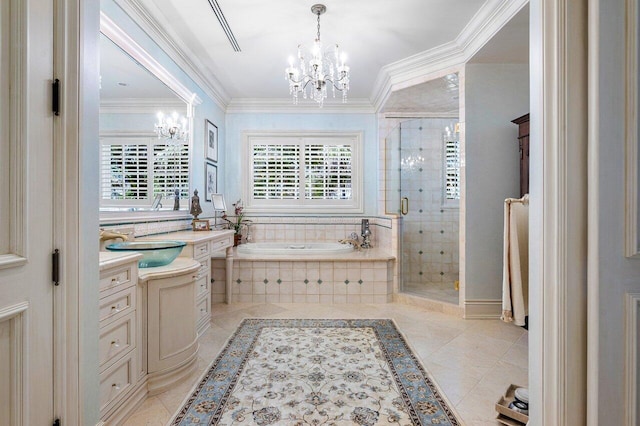 bathroom with independent shower and bath, crown molding, a wealth of natural light, and vanity