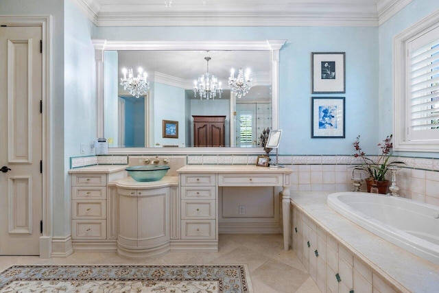 full bath featuring tile patterned floors, crown molding, vanity, a chandelier, and a bath