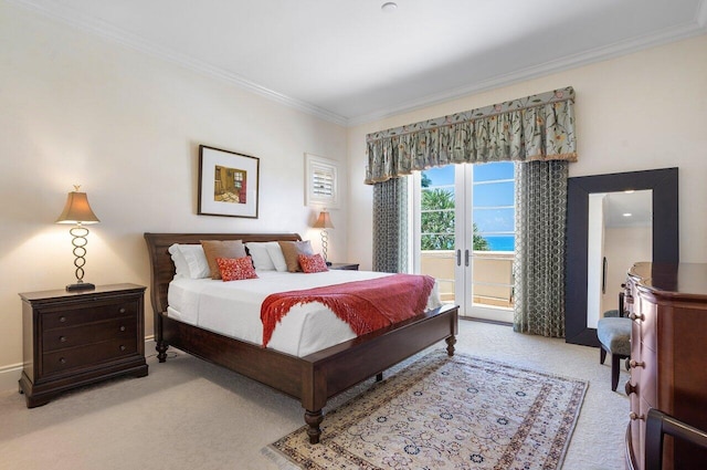 bedroom with light carpet, access to exterior, and ornamental molding