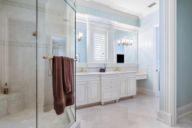 bathroom with double vanity, ornamental molding, an inviting chandelier, tile floors, and a shower with shower door