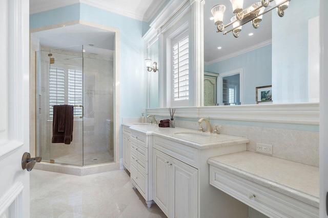 bathroom featuring tile flooring, double sink vanity, walk in shower, ornamental molding, and a chandelier