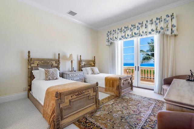 carpeted bedroom featuring french doors, visible vents, ornamental molding, access to outside, and baseboards