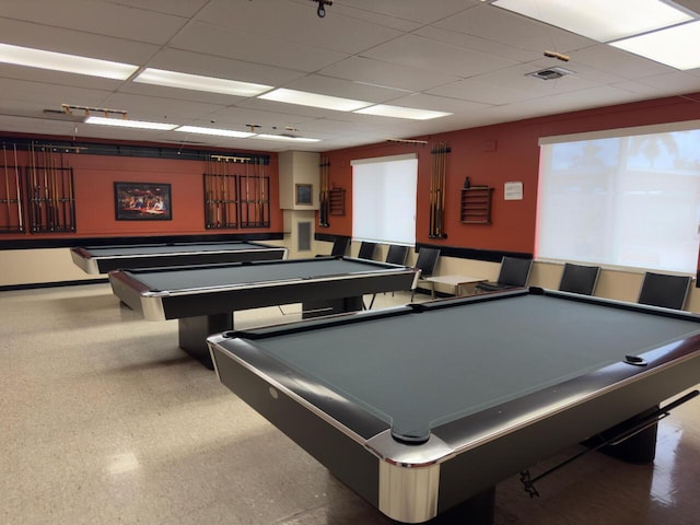 recreation room featuring a paneled ceiling, billiards, visible vents, and tile patterned floors