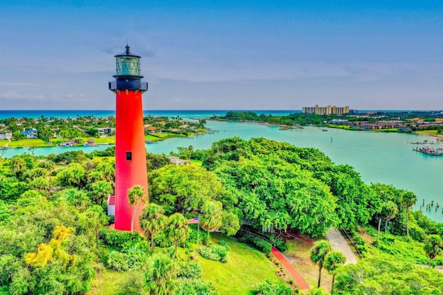 bird's eye view with a water view