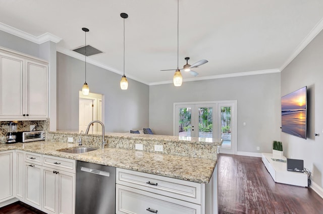 kitchen featuring white cabinetry, ceiling fan, sink, dark hardwood / wood-style flooring, and stainless steel dishwasher