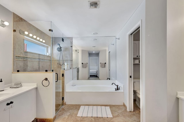 full bathroom with separate shower and tub, tile patterned flooring, vanity, and toilet