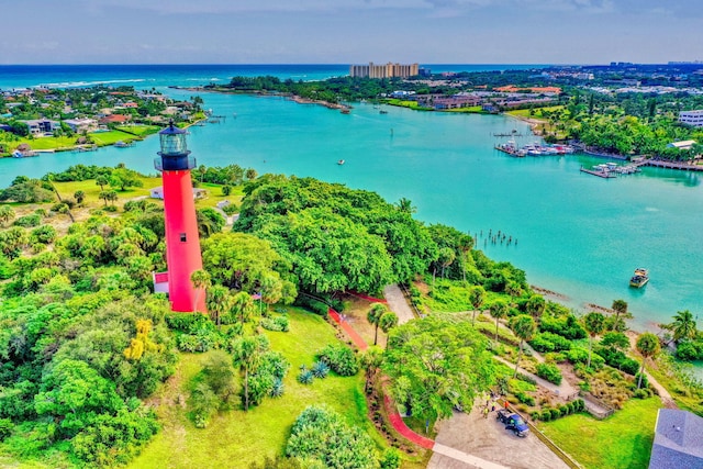 bird's eye view with a water view