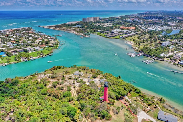 drone / aerial view with a water view