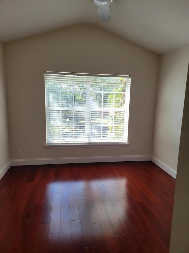 unfurnished room featuring lofted ceiling and dark wood-type flooring