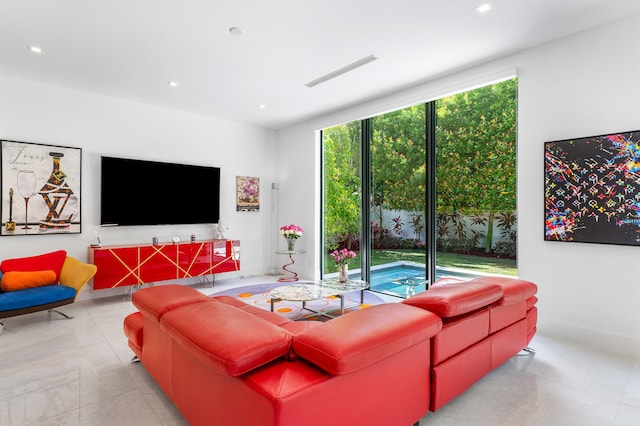 living room featuring tile flooring