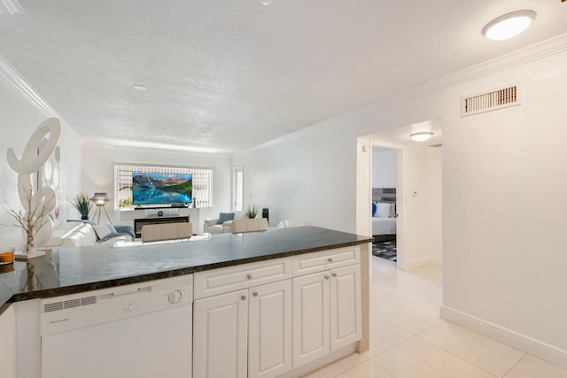 kitchen featuring white cabinetry, a textured ceiling, ornamental molding, dishwasher, and light tile floors