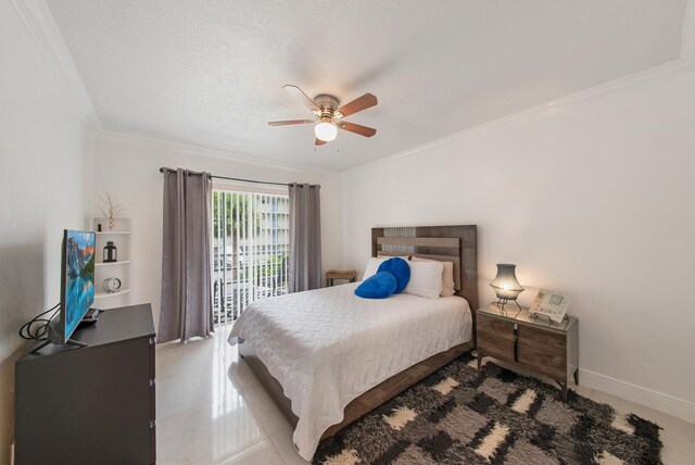 bedroom with tile flooring, ornamental molding, and ceiling fan