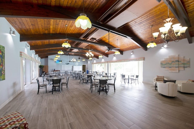 dining room with an inviting chandelier, vaulted ceiling with beams, hardwood / wood-style flooring, and wood ceiling