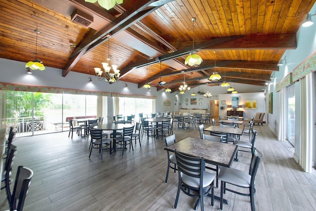 dining space featuring vaulted ceiling with beams, a chandelier, hardwood / wood-style flooring, and wood ceiling