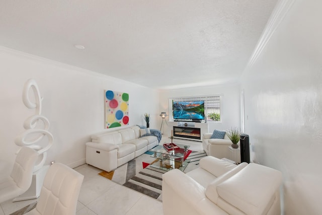 tiled living room with ornamental molding and a textured ceiling