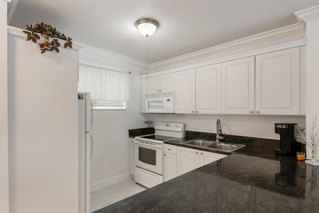 kitchen featuring white cabinetry, ornamental molding, white appliances, sink, and light tile floors