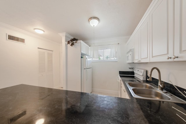 kitchen featuring crown molding, sink, white cabinets, and white appliances