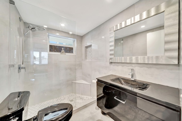 bathroom with decorative backsplash, a tile shower, toilet, and tile walls