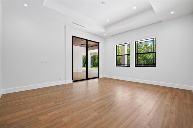 unfurnished room with a tray ceiling and light hardwood / wood-style flooring