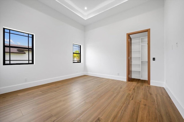 spare room with light hardwood / wood-style floors and a tray ceiling