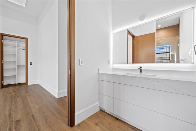 bathroom with hardwood / wood-style flooring and vanity