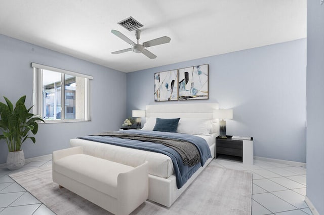 tiled bedroom with ceiling fan