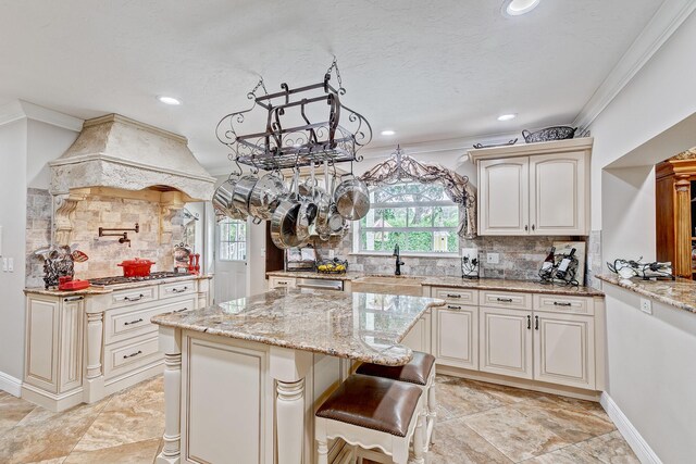 kitchen with backsplash, sink, a healthy amount of sunlight, and custom range hood